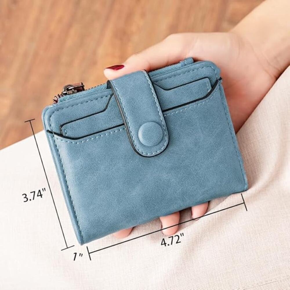 Women's Leather Wallet RFID Blocking Bifold Zipper Coin Pocket ID Window Blue - Picture 2 of 7